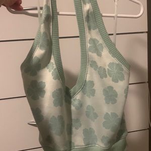 Green and white strapless flower crop top